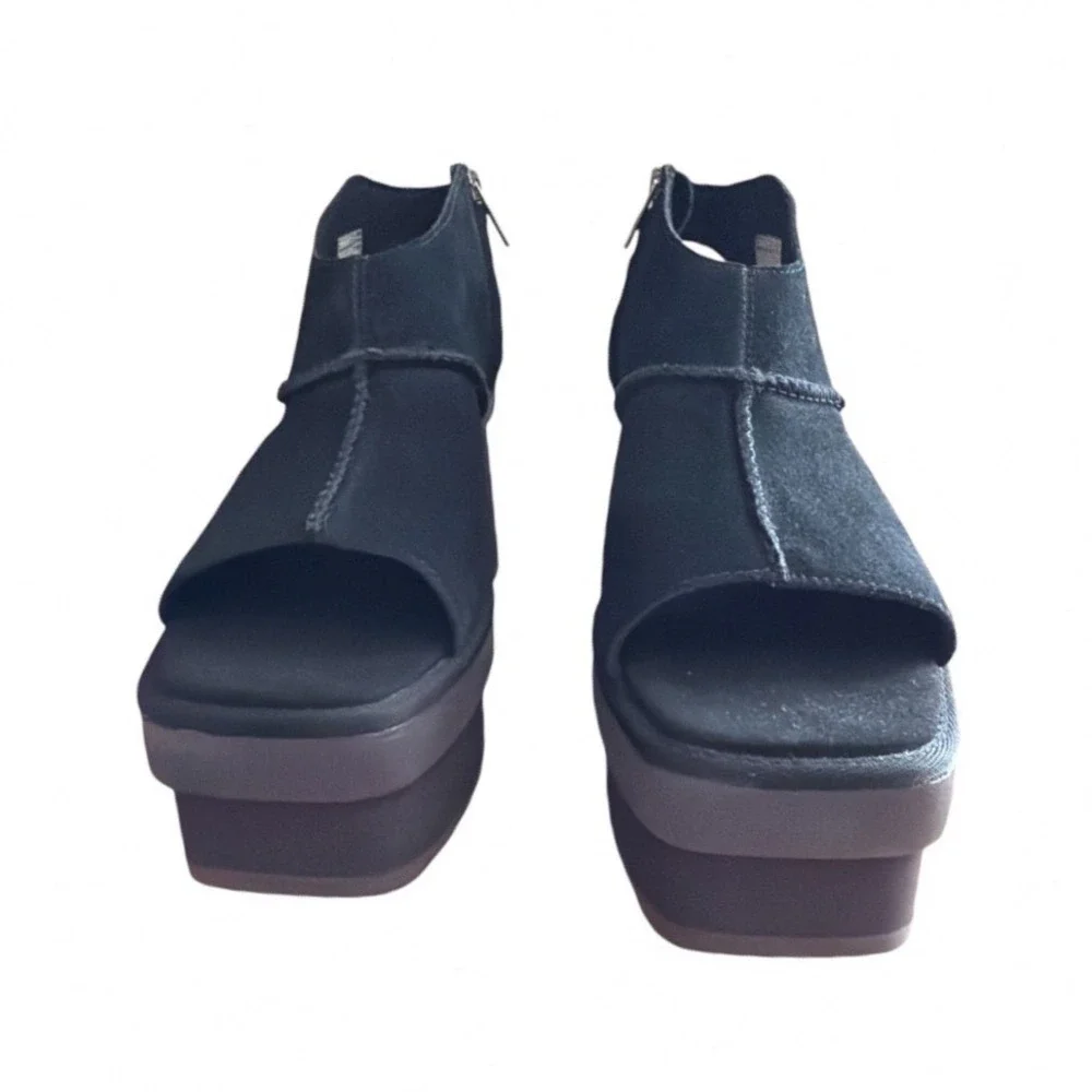 UGG Platform Sandals Womens Black Suede Chunky Block Heel Zip Up Open Toe 10 New - Picture 8 of 11